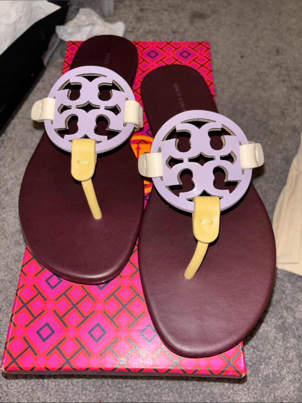 Tory Burch Maroon Sandals with Lavender Medallions & Pale Yellow Straps